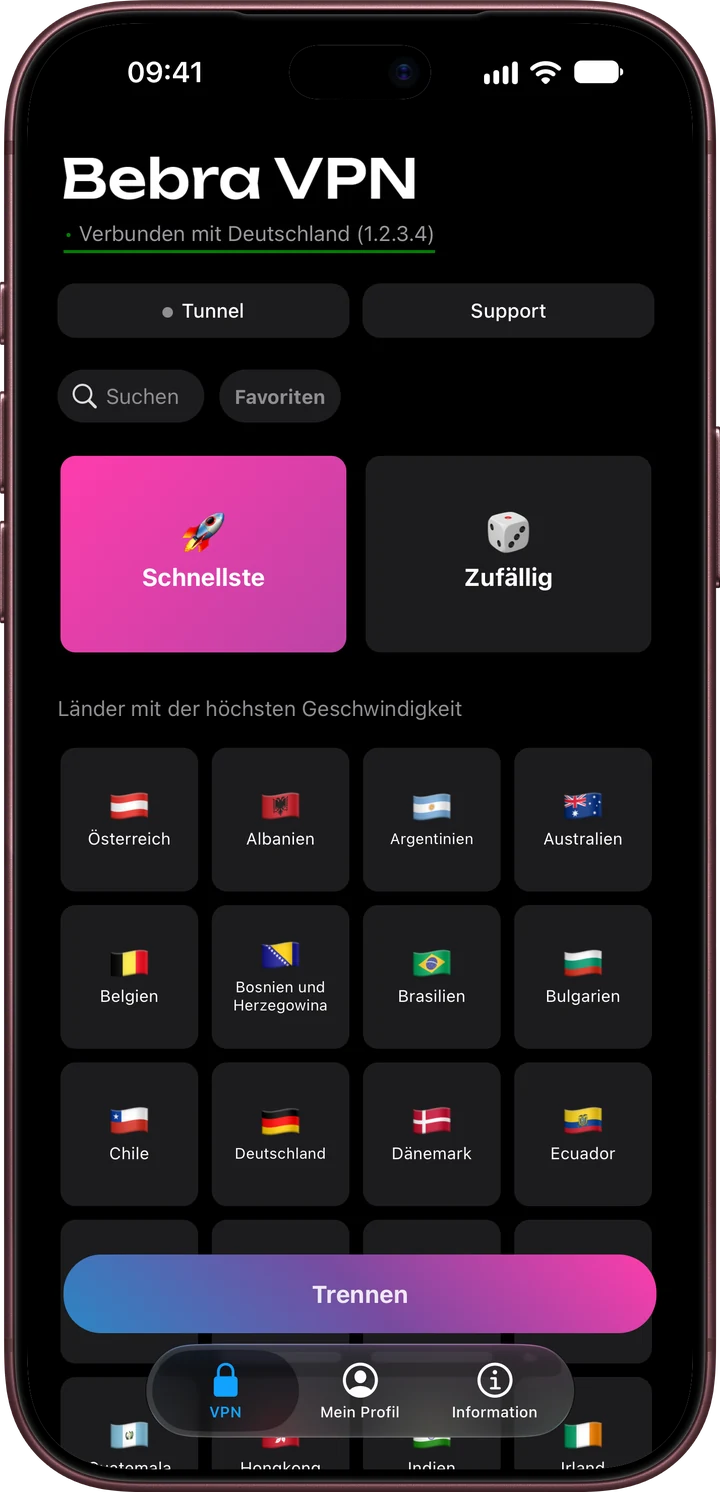 Hauptbildschirm von Bebra VPN auf dem iPhone: die Kachel „Schnellste“ und die Gruppe „Länder mit der höchsten Geschwindigkeit“