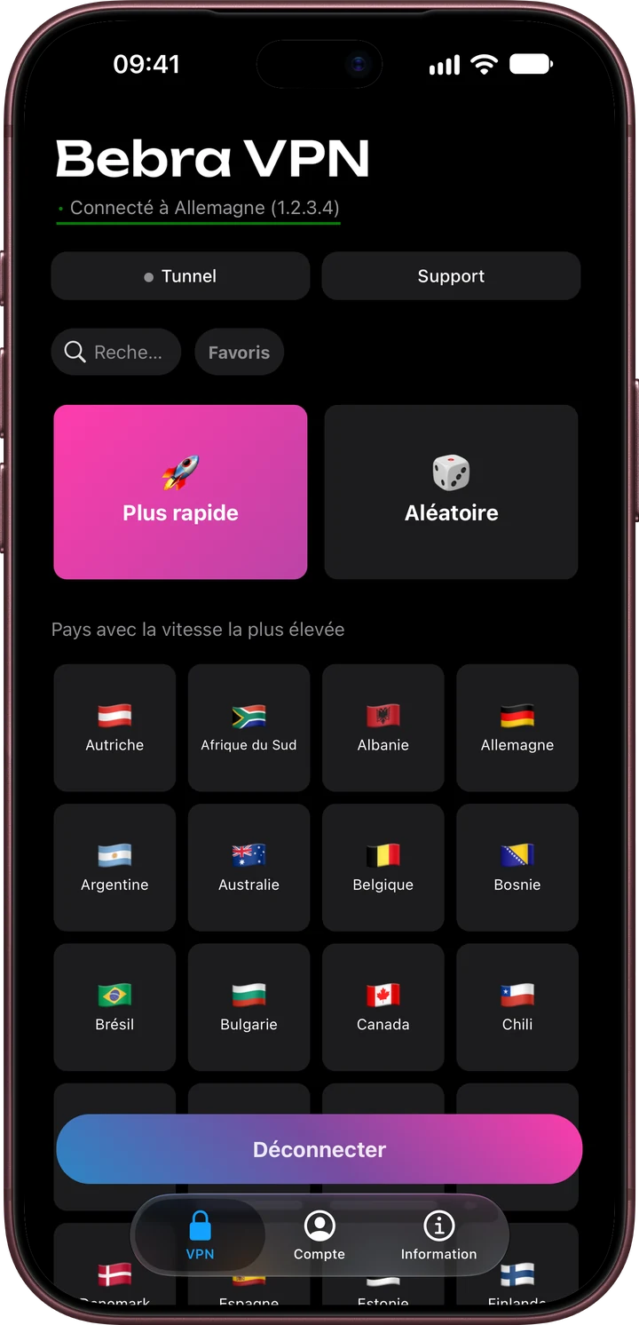Écran d’accueil de Bebra VPN sur iPhone : la tuile « Plus rapide » et le groupe « Pays avec la vitesse la plus élevée »