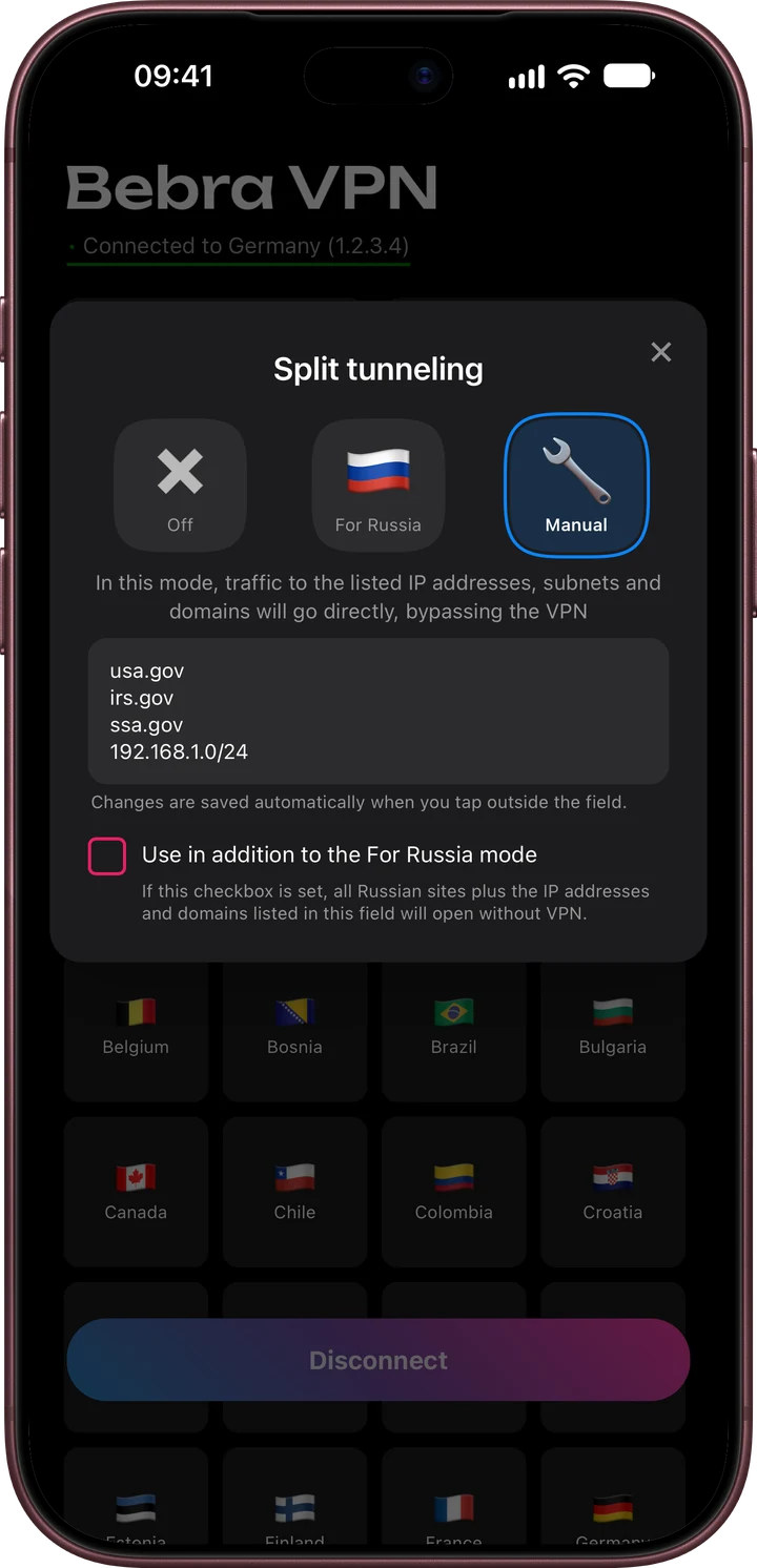 Split tunneling screen in the Bebra app on iPhone with the Manual mode and a list of domains