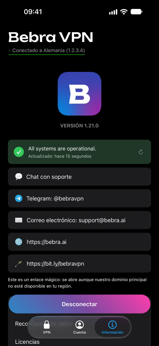 La pestaña «Información» de Bebra VPN en el iPhone: estado del servicio, chat con soporte, Telegram, correo electrónico y sitio web