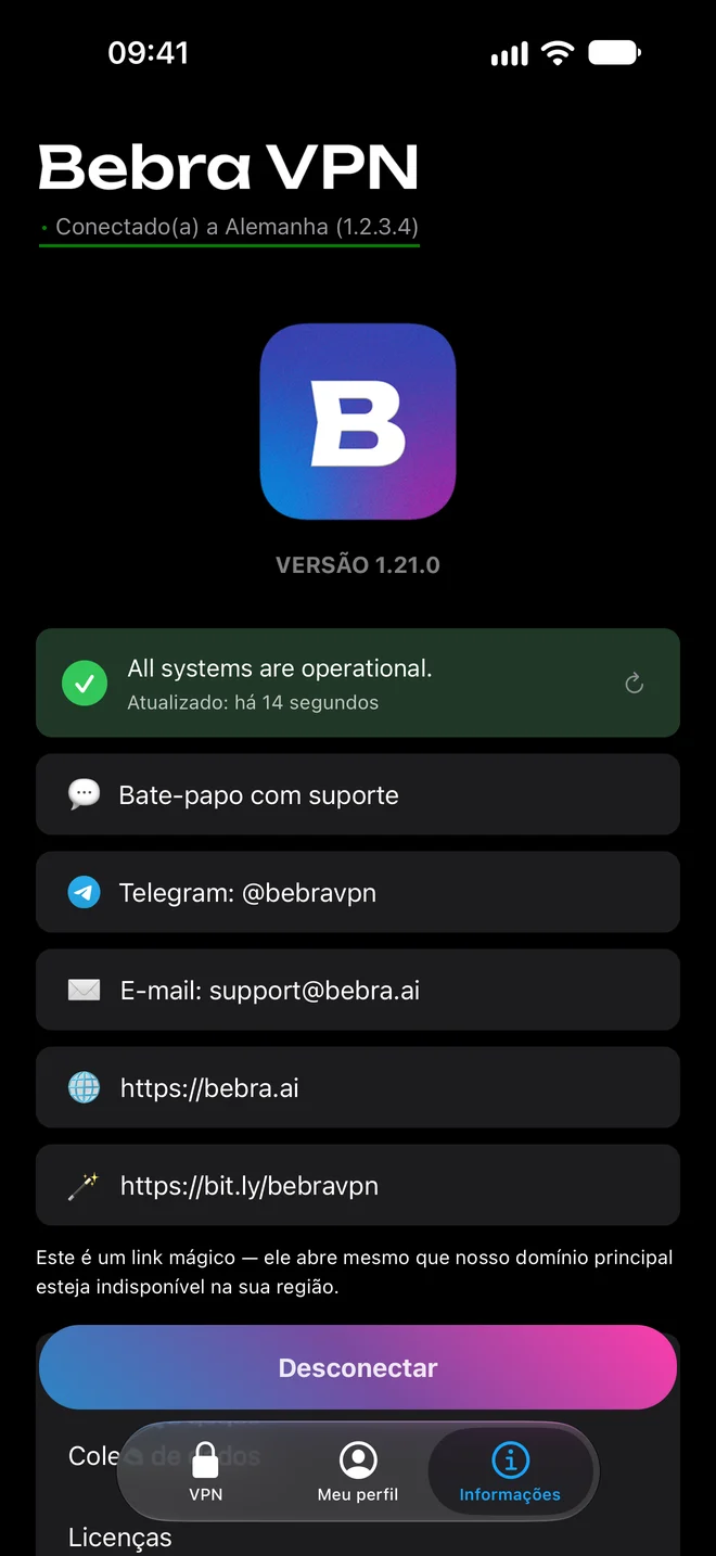 A aba “Informações” da Bebra VPN no iPhone: status do serviço, bate-papo com suporte, Telegram, e-mail e site