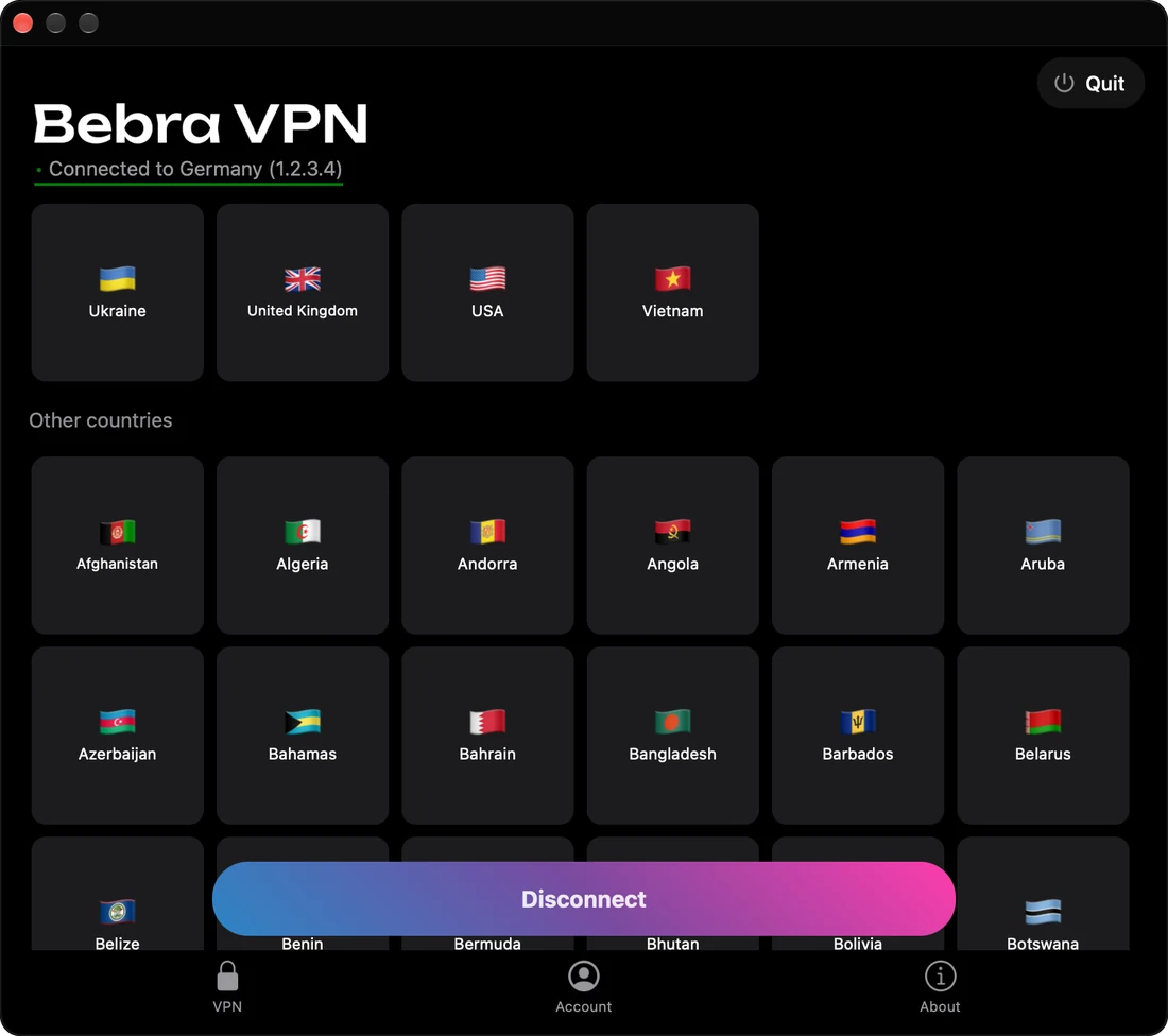 Bebra VPN window on a Mac: the grid of countries and the Other countries list, connected to Germany