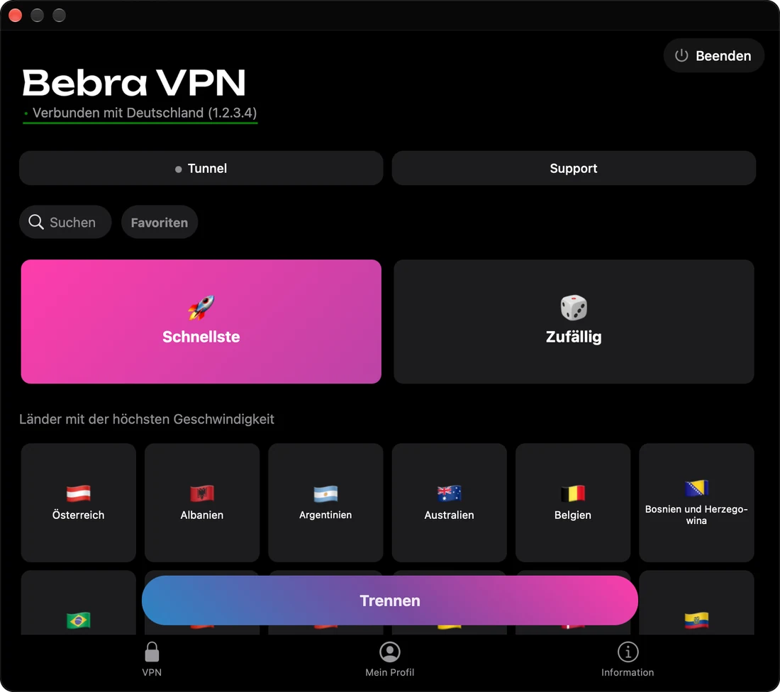 Bebra VPN auf dem Mac, verbunden mit Deutschland, darunter das Länderraster