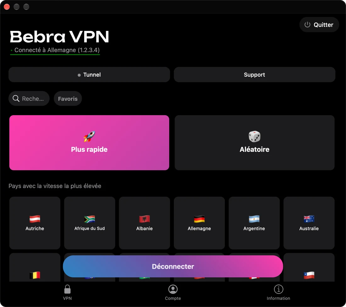 Fenêtre de Bebra sur Mac, connectée à l’Allemagne, avec la grille des pays en dessous