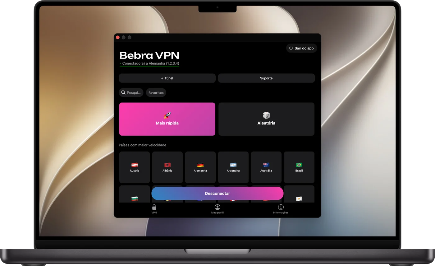A Bebra VPN em um MacBook: a grade de países com os blocos “Mais rápida” e “Aleatória”